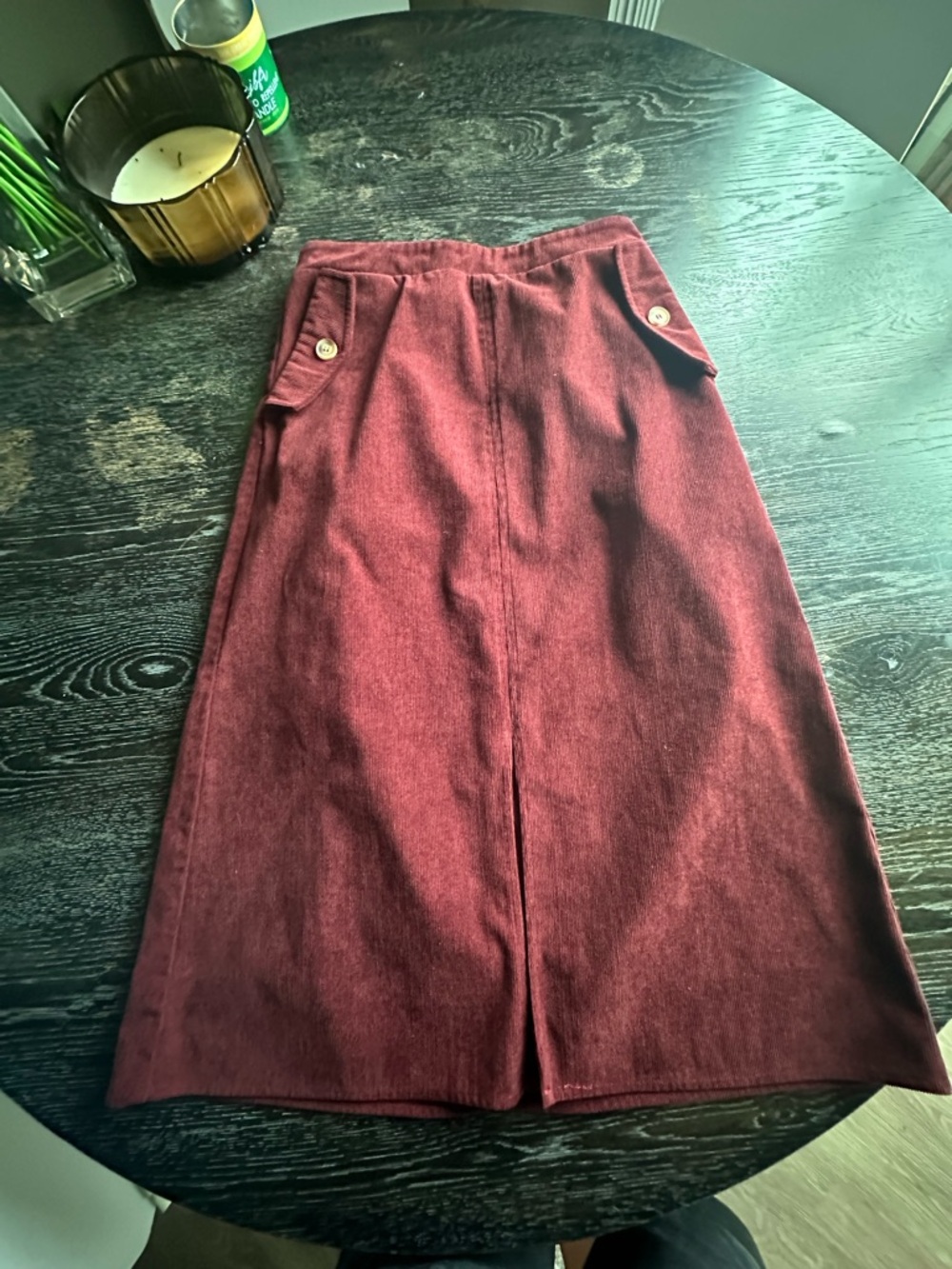 Burgundy Button-Accent corduroy Midi Skirt